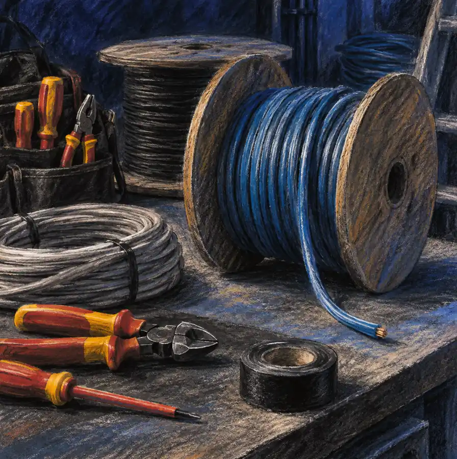 Illustration of electrical contractors equipment and workspace