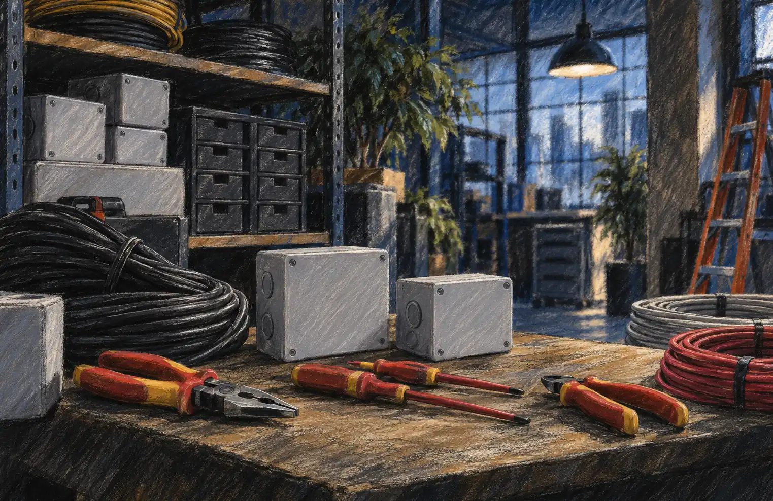 Illustration of electrical contractors and their working space