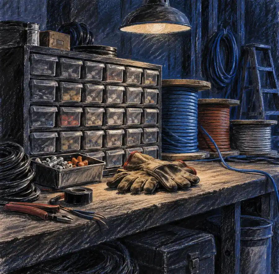 Illustration of electrical contractors equipment and workspace